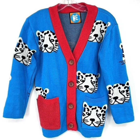 Bebebebe Kids L Tiger Sweater Cardigan Button Front Cotton Blue Orange - Picture 1 of 7